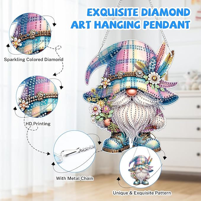 Bowetile Gnome Diamond Art Hanging Kits for Adults, 5D Special Shape Diamond Painting Pendant Kits, Animal Gem Art Suncatchers Painting Ornament for Home Garden Wall Decor