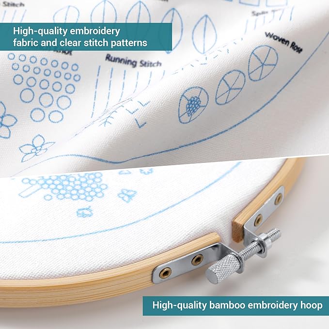 VIVIDOX 4 Sets Embroidery Kit for Beginners Adults, 35 Stitches Practice Kits Cross Stitch for Starter, DIY Hand Craft with Stamped Pattern, Bamboo Hoop, Threads, Needles, Scissors, Tools, Instruction