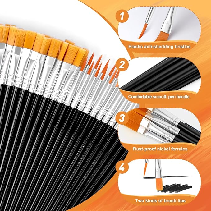 AROIC Small Paint Brushes Bulk,160 Pcs Black Nylon Hair Paint Brushes for Kids Flat Tip Round Acrylic Paint Brush Set,Acrylic Paint Brush Kits for Classroom Oil Watercolor Face Painting Touch Up