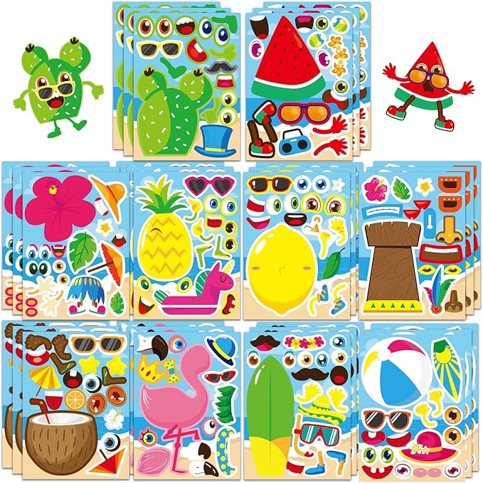 30 sheets hawaii make a face sticker summer pool beach stickers for kids make your own watermelon pineapple flamingo stickers for tropical luau craft party decor sticker summer holiday party favors