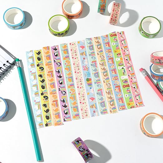 Cats Books Washi Tapes - 12pcs Cute Trendy Colored Aesthetic Stacking Book Decorative Cat Paw Artistic Photo Scrapbook Masking Sided Adhesive Tape Set Supplies DIY Craft Bookish Gift Wrapping