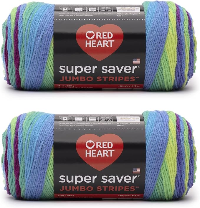Red Heart Super Saver Jumbo Parrot Stripe Yarn - 2 Pack of 10oz/283g - Acrylic - 4 Medium (Worsted) - 482 Yards - Knitting/Crochet