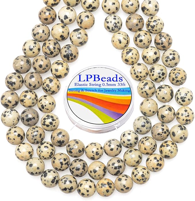 LPBeads 80Pcs Polished 10mm Round Natural Dalmatian Gemstone Loose Beads with Stretch Cord for Jewelry Making Bracelets