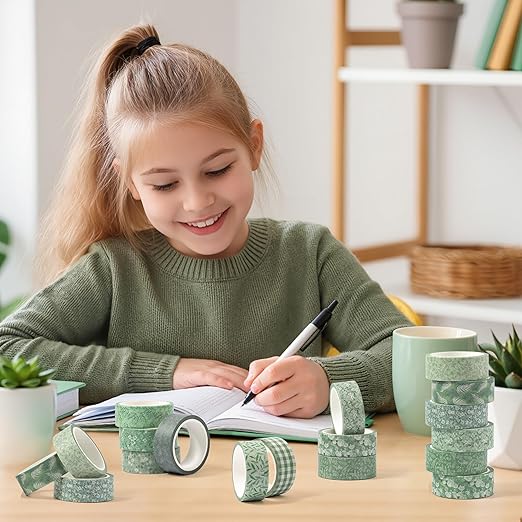 Sage Green Washi Tape - 12 Rolls Gingham Floral Leaf Botanical Patterns Acid Free Repositionable Adhesive Easy Hand Tear for Scrapbook Gift Wrapping Journal Office Supplies DIY Crafts