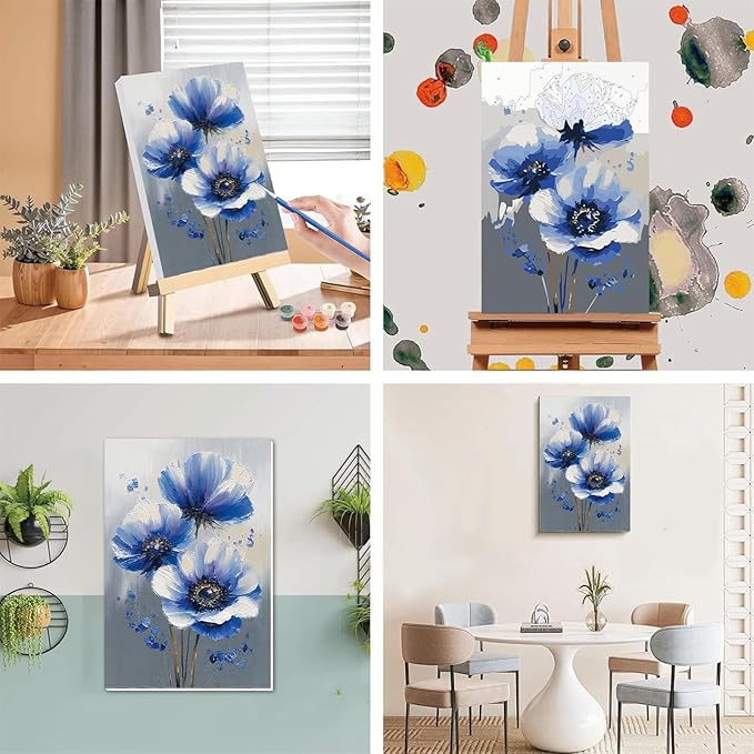 Easy Flower Paint by Numbers for Adults with Framed Canvas - with Wooden Easel, Flowers Paint by Number for Beginners, DIY Acrylic Oil Painting on Canvas with Brushes for Home Wall Decor (8x12 inch)