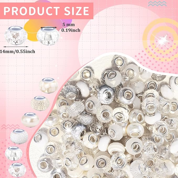 Large Hole Beads White European Beads for Pens 100 Pieces Assorted Large Hole Fairy Wand Garden Beads Lampwork Craft Spacer Beads for DIY Charms Bracelet Necklace Decoration Jewelry Making Supplies