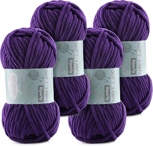 Chunky Chenille Yarn Velvet Soft Super Bulky Size 6 for Crocheting Knitting, Baby Blanket Yarn, 100g 71 Yds per Skein, Easy to Use for Scarves, Amigurumi, Crafts (4, Violet)
