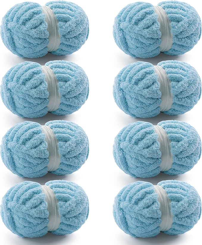 8 Pcs Chunky Yarn for Hand Knitting - Chunky Chenille Yarn for Crocheting - Fluffy Yarn for Crochet - Jumbo Yarn for Hand Knitting 25 yds 7.7 oz of Super Bulky Yarn (Lake Blue)