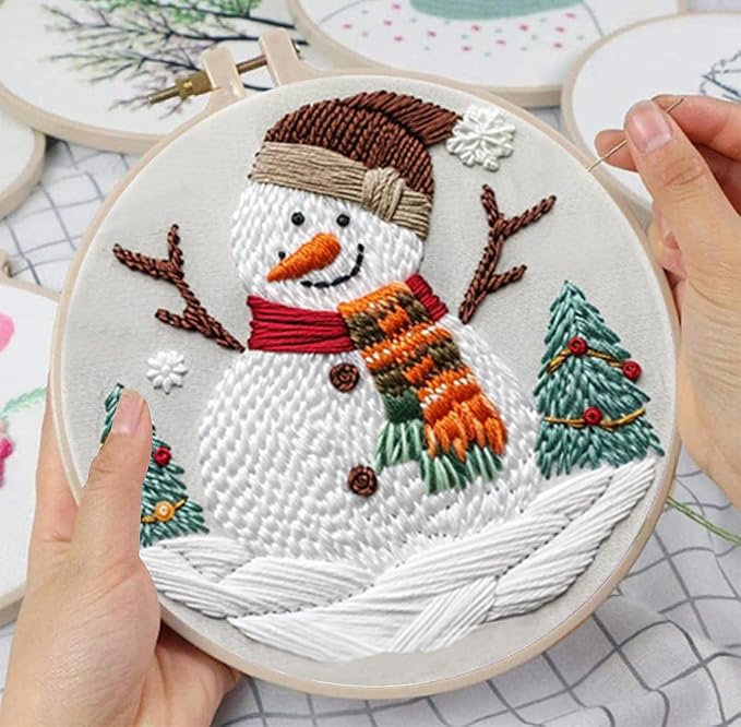 Huacan Embroidery Kits for Adults Beginner DIY Cross Stitch Stamped Christmas Pattern Stitching Sewing Kit 1 Piece 7.8 x 7.8 Inch (Snowman)