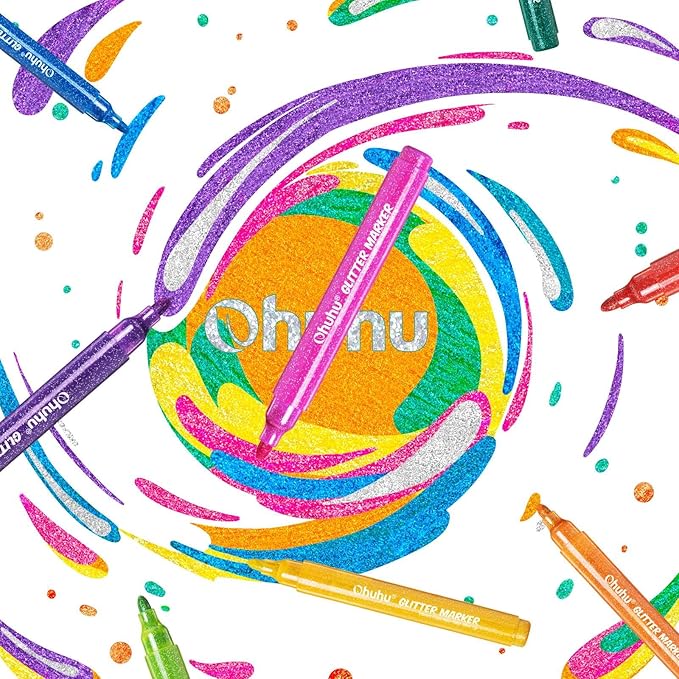 Ohuhu Glitter Markers Pen: 12 Glitter Colors Metallic Shimmer Marker Round Tip Water-based Ink for Kids Adults DIY Crafts Greeting Birthday Cards Making Mugs Wood Medium Tip 3.0mm