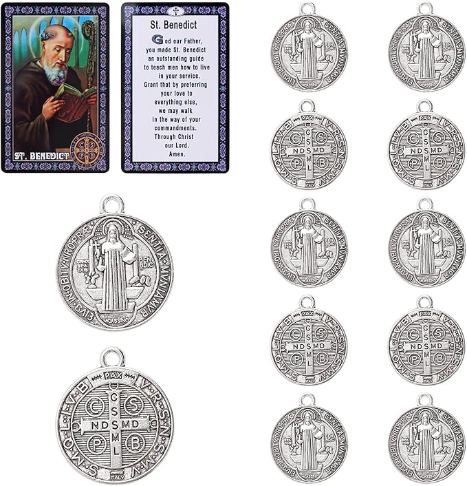 10 Pcs St Benedict Medals,Catholic Saint Benedict Medal for Jewelry Pendant Rosary Parts Making Supplies,Religious Metal Charm Medalla De San Benito