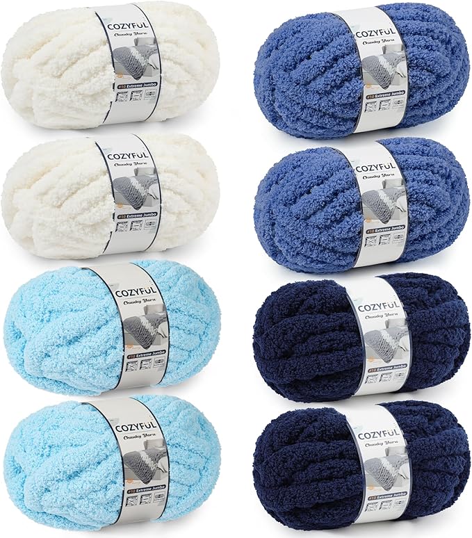 Chunky Yarn for Hand Knitting - #10 Chunky Chenille Yarn, Jumbo Big Thick Chunky Yarns for Crocheting, Super Bulky Chunky Knit Blanket Yarns, 8 Skein (25yd, 8oz/Skein), Cream & Multi Blue