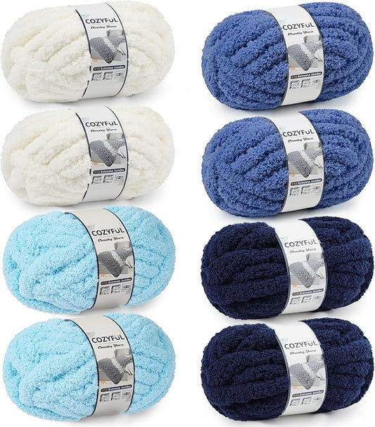 Chunky Yarn for Hand Knitting - #10 Chunky Chenille Yarn, Jumbo Big Thick Chunky Yarns for Crocheting, Super Bulky Chunky Knit Blanket Yarns, 8 Skein (25yd, 8oz/Skein), Cream & Multi Blue