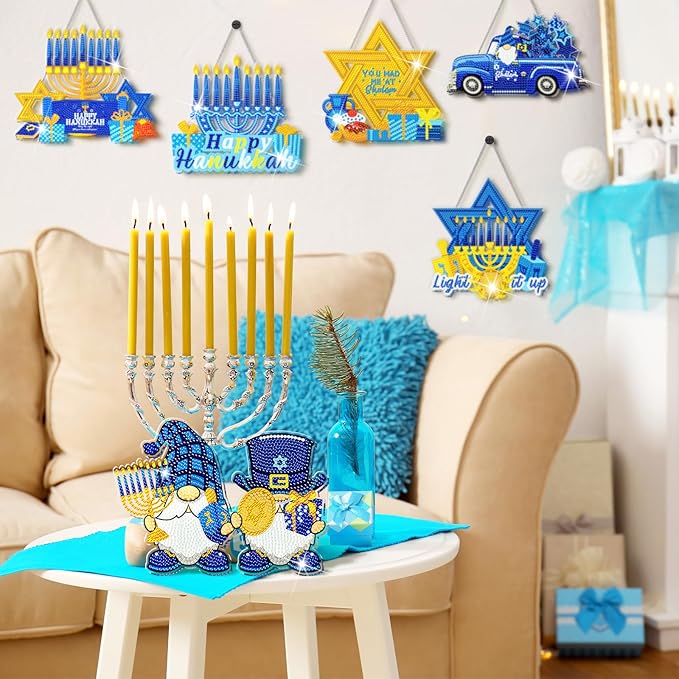 Zonon 6 Pcs Hanukkah Diamond Art Painting Hanging Sign Set Hanukkah Star Diamond Art Adults 5d DIY Craft Acrylic Pendant Ornaments Kits for Home Wall Door Window Decor