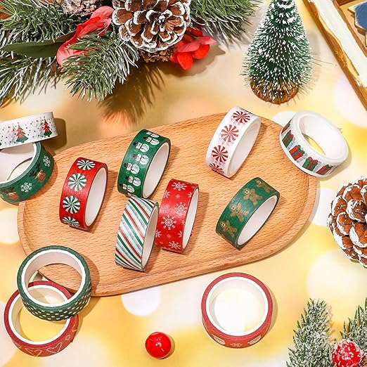 Whaline 12 Rolls Christmas Washi Tape Red Green Xmas Tree Snowman Santa Claus Gingerbread Man Candy Cane Pattern 15mm Decorative Masking Tape for Scrapbook Journal DIY Art Craft Gift Wrapping