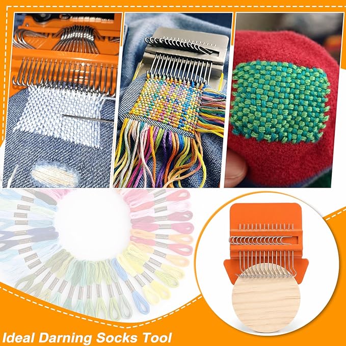 Knit Patch Kit, Mini Darning Loom, Darning Egg Weaving Tool Include Small Weaving Loom with 14 Large Eye Needles 50 Colors Thread for Visible Mending Jeans, Socks and DIY Fabric Repair (Orange)