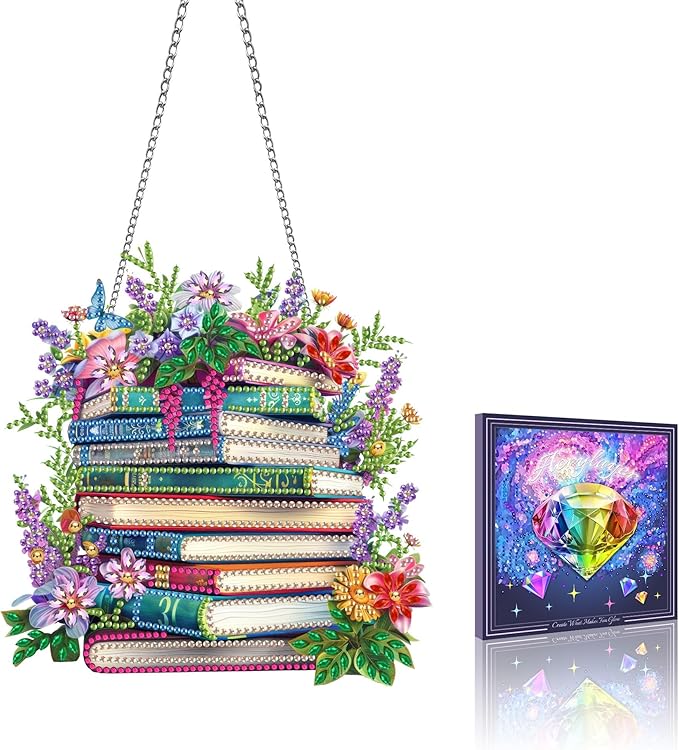 VAIIEYO 5D Book Diamond Art Hanging Ornament, Flower Diamond Painting Suncatchers Window Hanging Kit with Chain, 7.5x7.5 inch Crystal Pendant Art Craft for Gift Home Wall Front Door Decoration