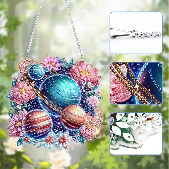 Lxmsja DIY Planets Rings Diamond Painting Hanging Ornament, Double-Sided Acrylic Colorful Planets Diamond Art Kit, Special Shaped Suncatcher Hanging Pendant Window Art Kit