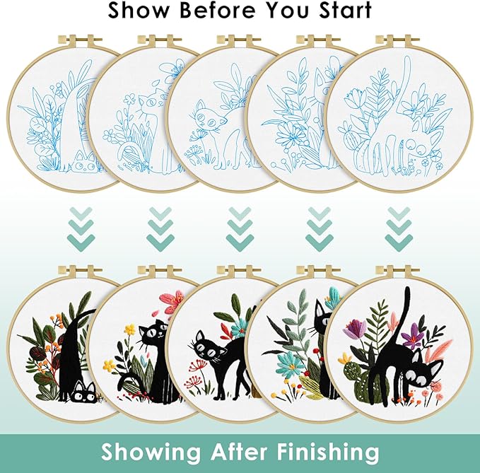 ERKOON Embroidery Kit for Beginners, 5 Sets Flower Cross Stitch Set for Adults Include Embroidery Cloth Hoops Threads for Craft Lover Hand Stitch with Skill Techniques (Black Cat)