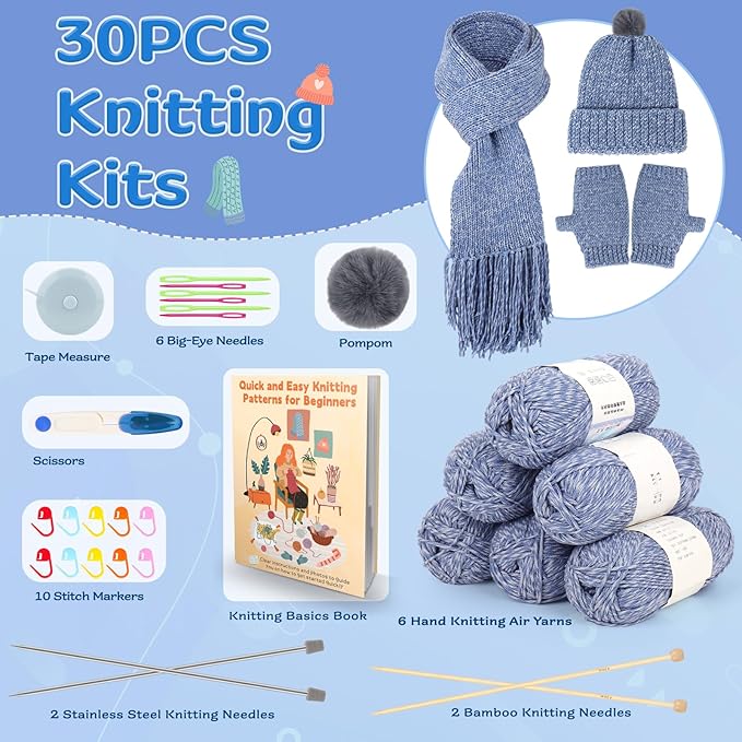 coopay knitting kit for beginners, complete knitting kits learn to knit hat scarf glove, knitting starter kit for adults w/yarn, knitting set w/step-by-step instruction tutorial, 4pcs knitting needles