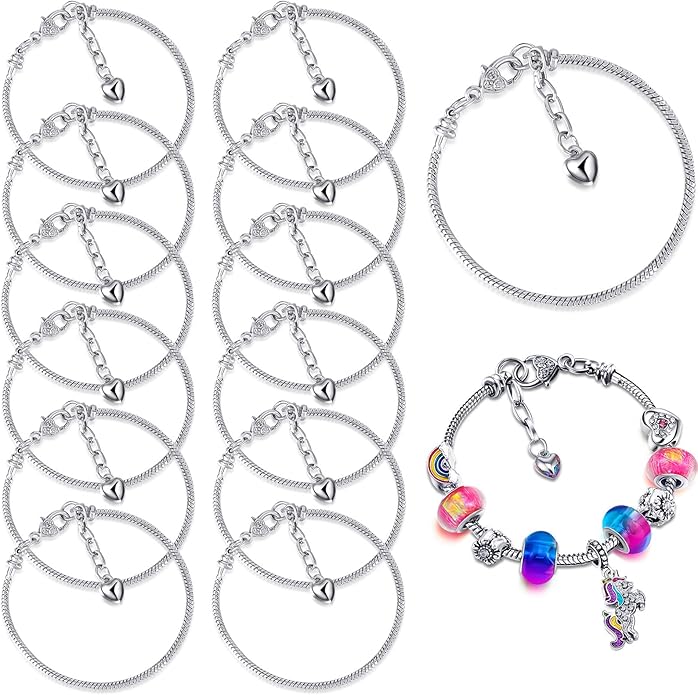 Junkin 12 Pcs Snake Chain Charm Bracelet with Heart Lobster Clasp Extender Adjustable Christmas DIY Metal Bracelet Chain for Women Jewelry Making Gifts Supplies 7.87 Inches