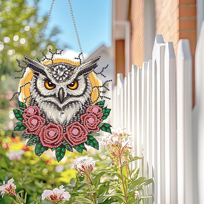 Wergund 5D DIY Owl Diamond Art Hanging Kits, Hanging Diamond Art Rose, Acrylic Special Shaped Rhinestone, Window Hanging Pendants for Home Wall Garden Front Door Outdoor Decor Gift(Owl)