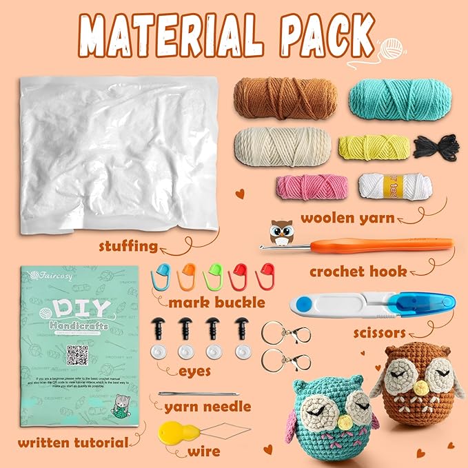 Faircosy 2PCS Beginner Crochet Kit: Amigurumi Crocheting Owls Kits, Starter Kit for Adults and Kids (10Age+) with Detailed Instructions and Tutorial, Suprise Gift for Lover, Family (Blue-Brown)