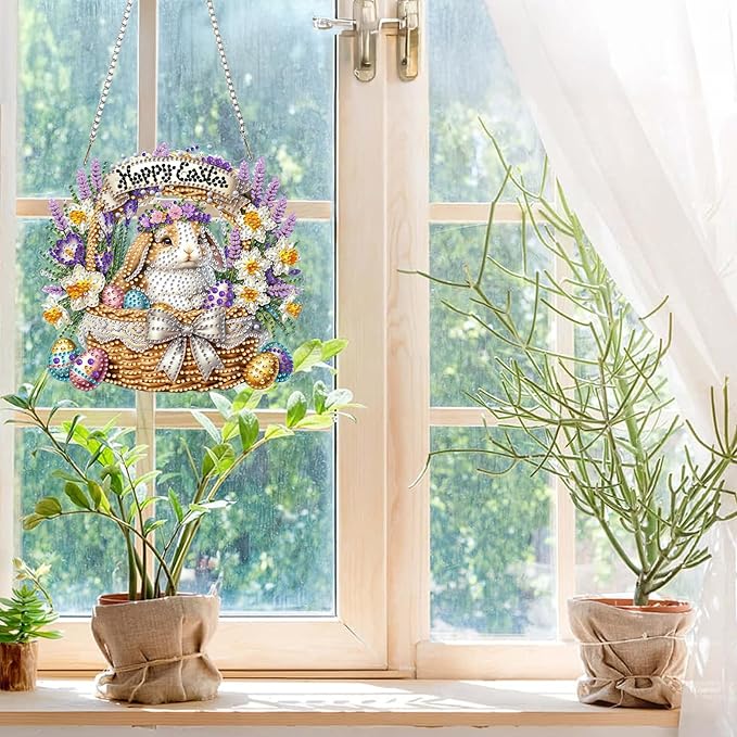 CEOVR Easter Hanging Diamond Art for Adults, Easter Bunny&Egg Diamond Painting Pendant DIY Gem Art Wall Hanging Ornament, Acrylic Home Garden Decor with Chain, Box Kit 7.87×7.48inch