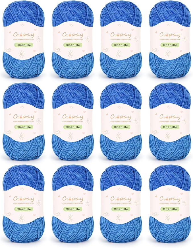 Coopay Skinny Chenille Yarn for Crocheting and Knitting, 12 Pack of 50g/1.76oz - 1764yd Total, Crochet Yarn of Light Weights - Suitable for Baby Blankets, Plush Toys, Garments - Super Soft (Blue)