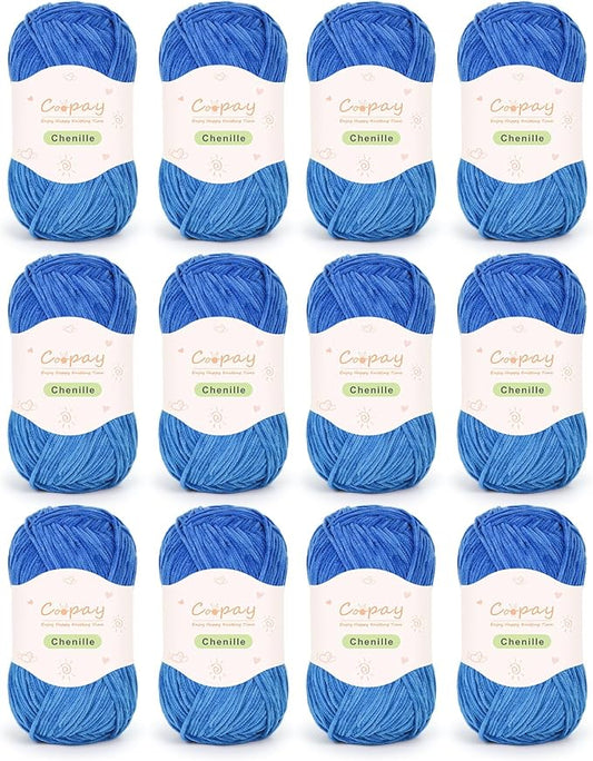 Coopay Skinny Chenille Yarn for Crocheting and Knitting, 12 Pack of 50g/1.76oz - 1764yd Total, Crochet Yarn of Light Weights - Suitable for Baby Blankets, Plush Toys, Garments - Super Soft (Blue)