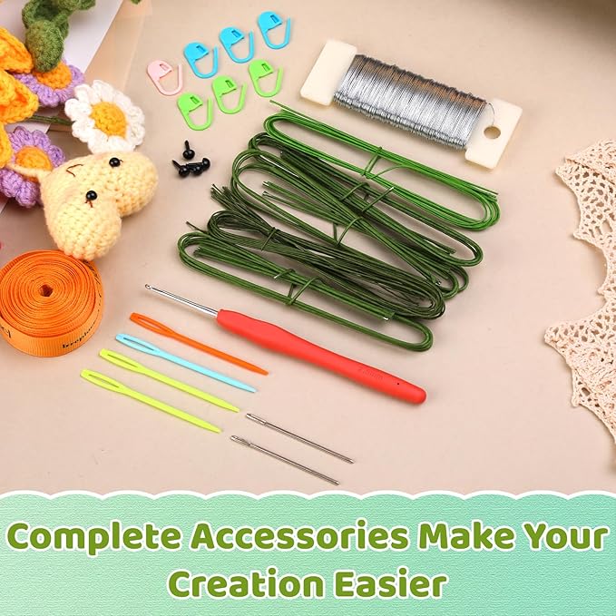 Iuuidu Crochet Kit for Beginners, Sunflower Beginners Crochet Kit, Crochet Flower Bouquet Kit, Knitting Starter Kit for Adults with Step-by-Step Video Tutorials Birthday Wedding Day Present