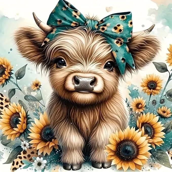 BYGFHLYW Diamond Art Painting Kits for Adults, Cow 5D Diamond Painting Dots Art Kits for Adults Beginner, DIY Highland Cow Full Round Gem Crystal Art Paint by Diamond, Home Wall Decor 12 x 12 in