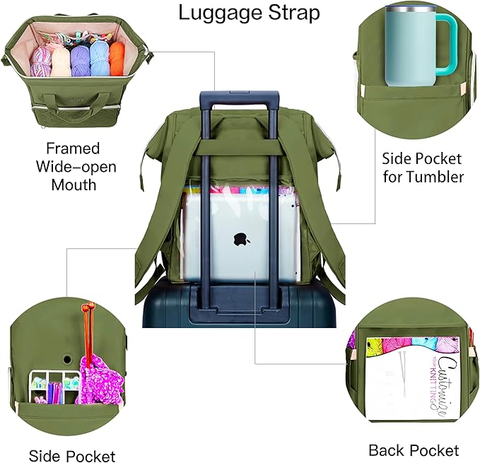Leudes Knitting Bag Backpack,Yarn Storage Organizer Large Crochet Bag Tote Christmas Gift Yarn Holder Case for Carrying Projects,Knitting Needles (Army Green)