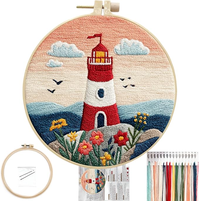 FONNUY Embroidery Kit for Beginners, Lighthouse Landscape Flowers Pre-Stamped Pattern Kits for Adults with Hoop, Easy to Follow Color Thread Needlework, 8'' Hoop (Orange)
