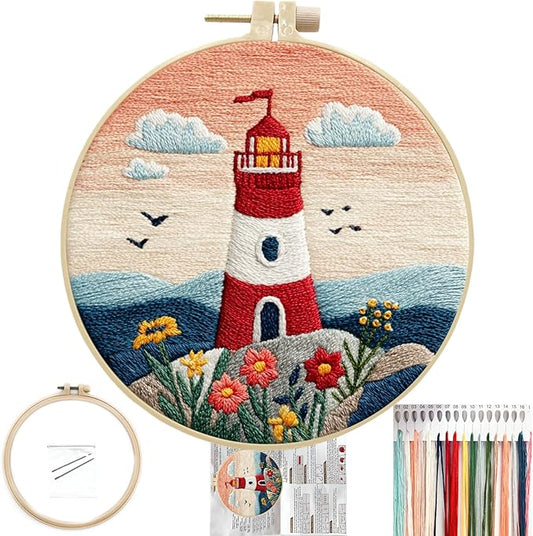 FONNUY Embroidery Kit for Beginners, Lighthouse Landscape Flowers Pre-Stamped Pattern Kits for Adults with Hoop, Easy to Follow Color Thread Needlework, 8'' Hoop (Orange)