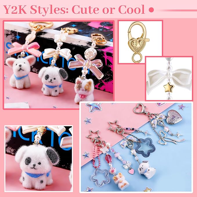 Wurosi 945 Pcs Bag Charm Kit, Charms Lip Gloss Keychain Making Kit, Beaded Keychain Making Kit, Y2K Keychains, 8 Ball Dice Charm Keychains, DIY Customizable Crafts Key Chains(Gold & Silver)