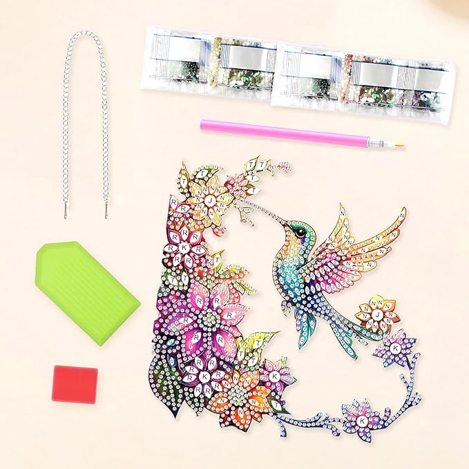 Lxmsja DIY Hummingbird Diamond Painting Hanging Ornament, Double-Sided Acrylic Colorful Flowers Diamond Art Kit, Special Shaped Suncatcher Hanging Pendant Window Art Kit 8x8 inch