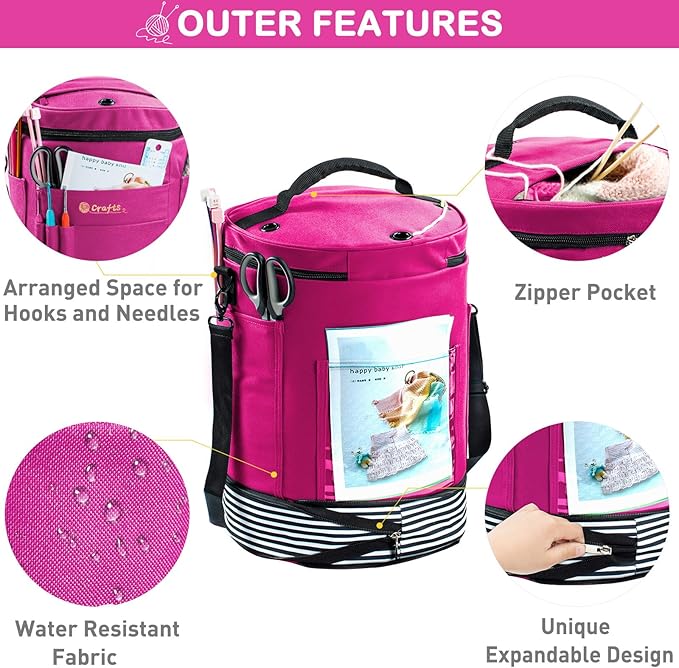 Expandable Yarn Storage Organizer, Crochet Bag & Yarn Tote with Zipper Closure, Yarn Holder for Crocheting and Knitting for Yarn Skeins, Hooks, Needles,Accessories – Gift for Crafters
