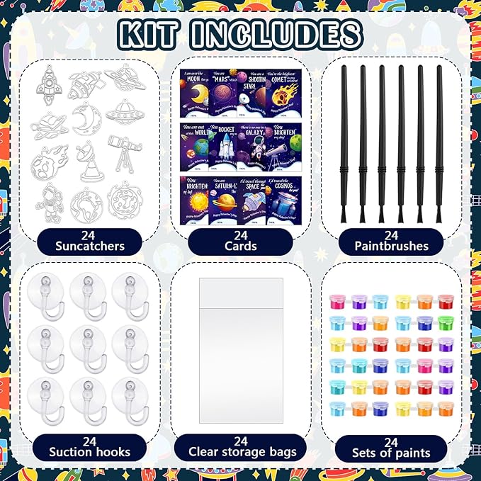 Geelin 24 Sets Galaxy Solar System Suncatchers DIY Paint Window Art Craft Kits, Outer Space Planet Rocket Sun Catchers for Home Decor, Birthday Space Party Favor Gift, VBS 2026 Craft Activities
