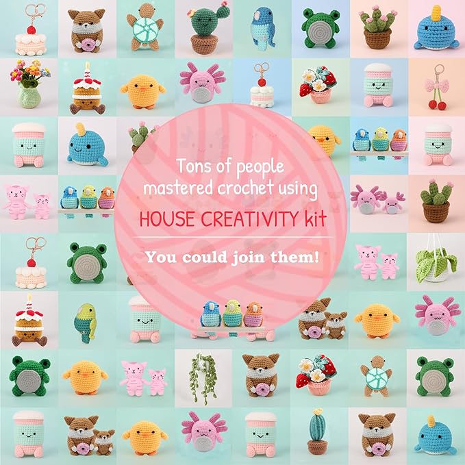 HOUSE CREATIVITY Crochet Keychain Kit for Beginners – Make 2 Cute Cake & Bow Charms, Amigurumi Crochet Starter Kit with Video Tutorial, Yarn & Keyring, DIY Bag Charm Gift