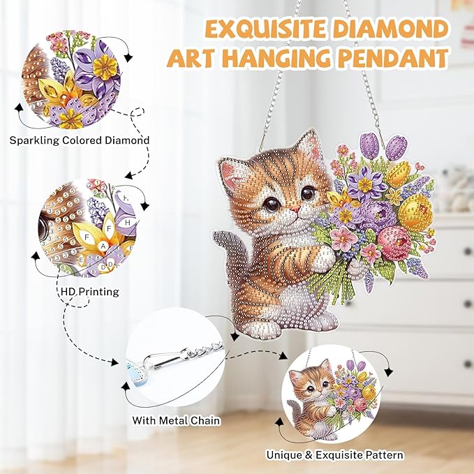 Bowetile Cat Diamond Art Hanging Kits for Adults, Diamond Art Suncatchers Flowers, 5D Special Shape Diamond Painting Pendant Window Ornament Valentine's Day Gifts for Home Wall Decor