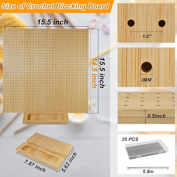 15.5" x 15.5"Foldable Crochet Blocking Board with Pins,Granny Square Blocking Board,Blocking Mats for Knitting with 35 5.9"Stainless Steel Rod Pins,Bamboo Crocheting Accessories Gifts for Crocheters