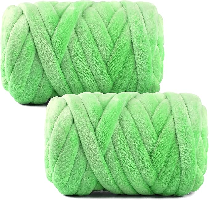 Chunky Yarn for Hand Knitting & Arm Knitting - 2-Pack Value Bundle (1.32lb Total) of Super Bulky Velvet Chenille Tube Yarn for Larger DIY Projects | No-Tool, Machine Washable, Apple Green