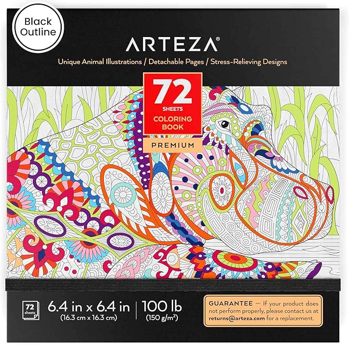 Arteza Coloring Book for Adults, 6.4 x 6.4 Inches, Animal Designs, 72 Sheets, 100 lb Paper, Detachable Pages, Black Outlines, Art Supplies for Relaxing, Reflecting, and Decompressing