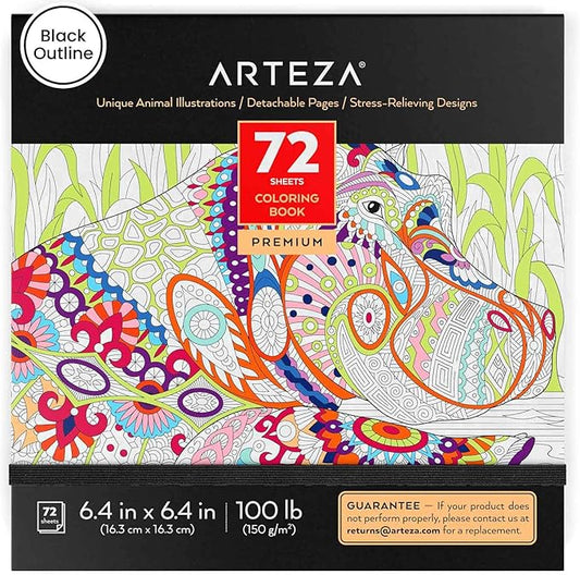 Arteza Coloring Book for Adults, 6.4 x 6.4 Inches, Animal Designs, 72 Sheets, 100 lb Paper, Detachable Pages, Black Outlines, Art Supplies for Relaxing, Reflecting, and Decompressing