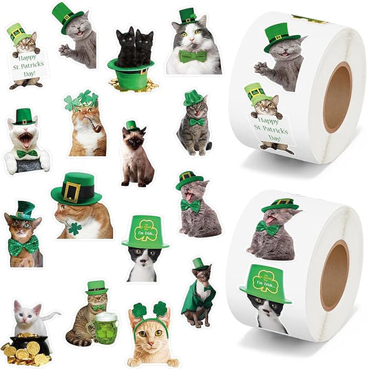 h1vojoxo st. patrick's day cat stickers - 1000pcs irish shamrock holiday cat stickers for kids 16 designs st. patrick's cute cat realistic sticker for craft st. patrick funny cat stickers for envelope