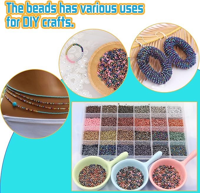 EuTengHao 8/0 Glass Seed Beads Kit, 3mm Metal Color Waist Beads, 24Colors Small Pony Beads with String for Bracelet Necklace Earring Jewelry Making (14405PCS, 600 Per Color)