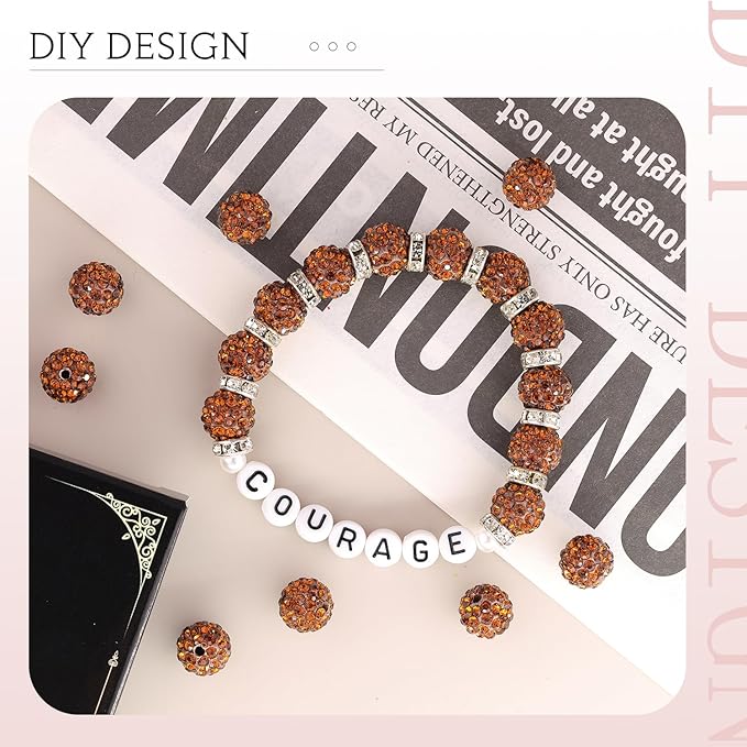 200 pcs brown rhinestone beads for jewelry making, sparkle crystal clay christmas for bracelet baseball necklace earring crafting and diy, shiny round shamballa disco ball beads bulk
