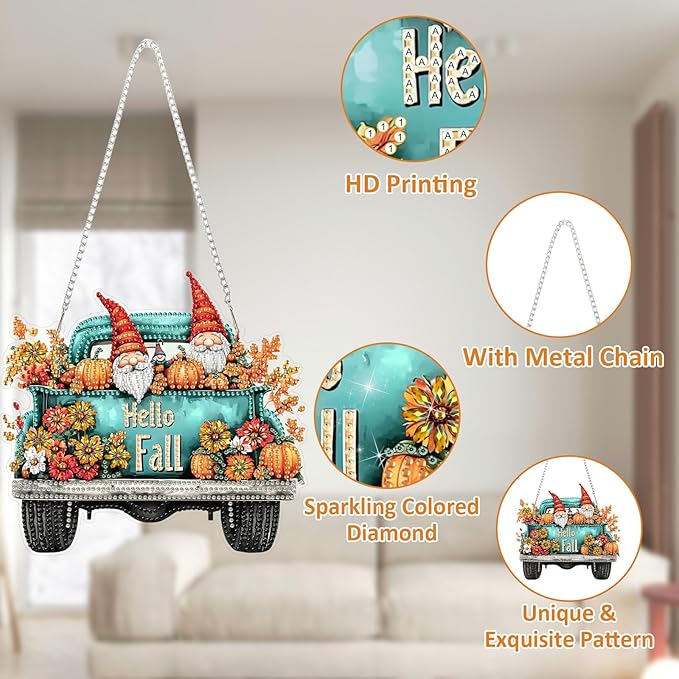 SENQAO Gnome Diamond Art Hanging Kits for Adults Beginners, DIY Acrylic 5D Special Shaped Crystal Diamond Gem Art Painting Hanging Ornament for Home Wall Decor and Gift（Hello Fall Pumpkin Flower）