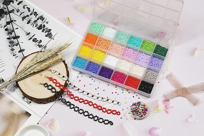 8/0 3mm Glass Seed Beads About 7200pcs 24 Colors Loose Craft Kit Earring Making Seed Beads with 24-Grid Plastic Storage Box for Jewelry Making